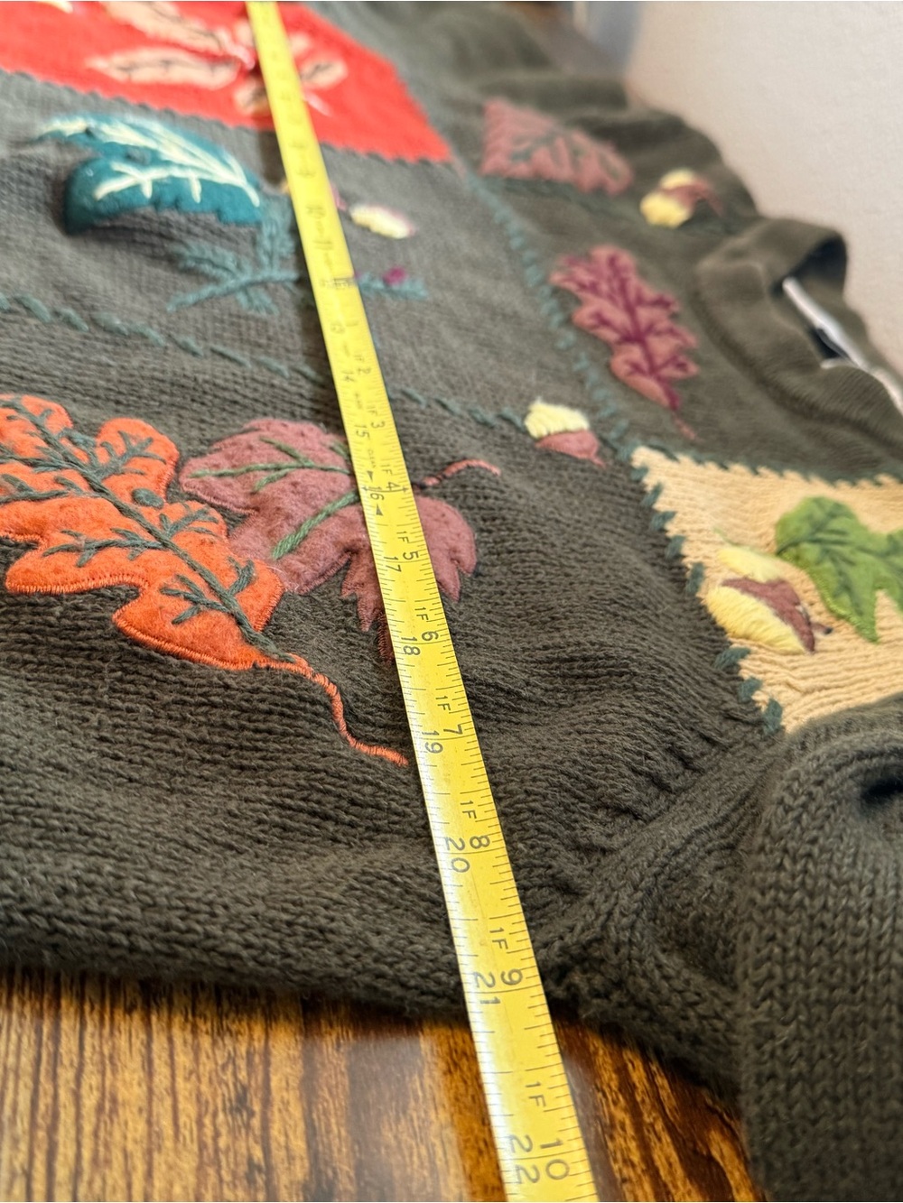 Bobbie Brooks Olive Green Patchwork Leaf Appliqué Crewneck Sweater - Picture 7 of 9